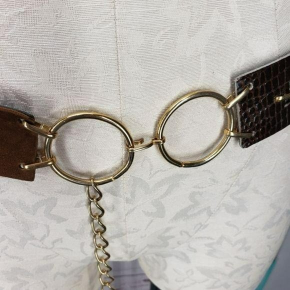 Brown Leather Gold Hoop Hook Closure Statement Belt ‎ Cosplay - Picture 4 of 11